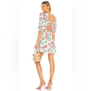 For Love and Lemons Cottagecore Puff Sleeve Floral Ruffle Mini Dress Pink Green